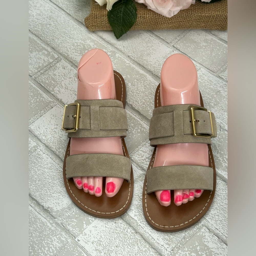 Marc Fisher Taupe Sandals with Gold Buckle